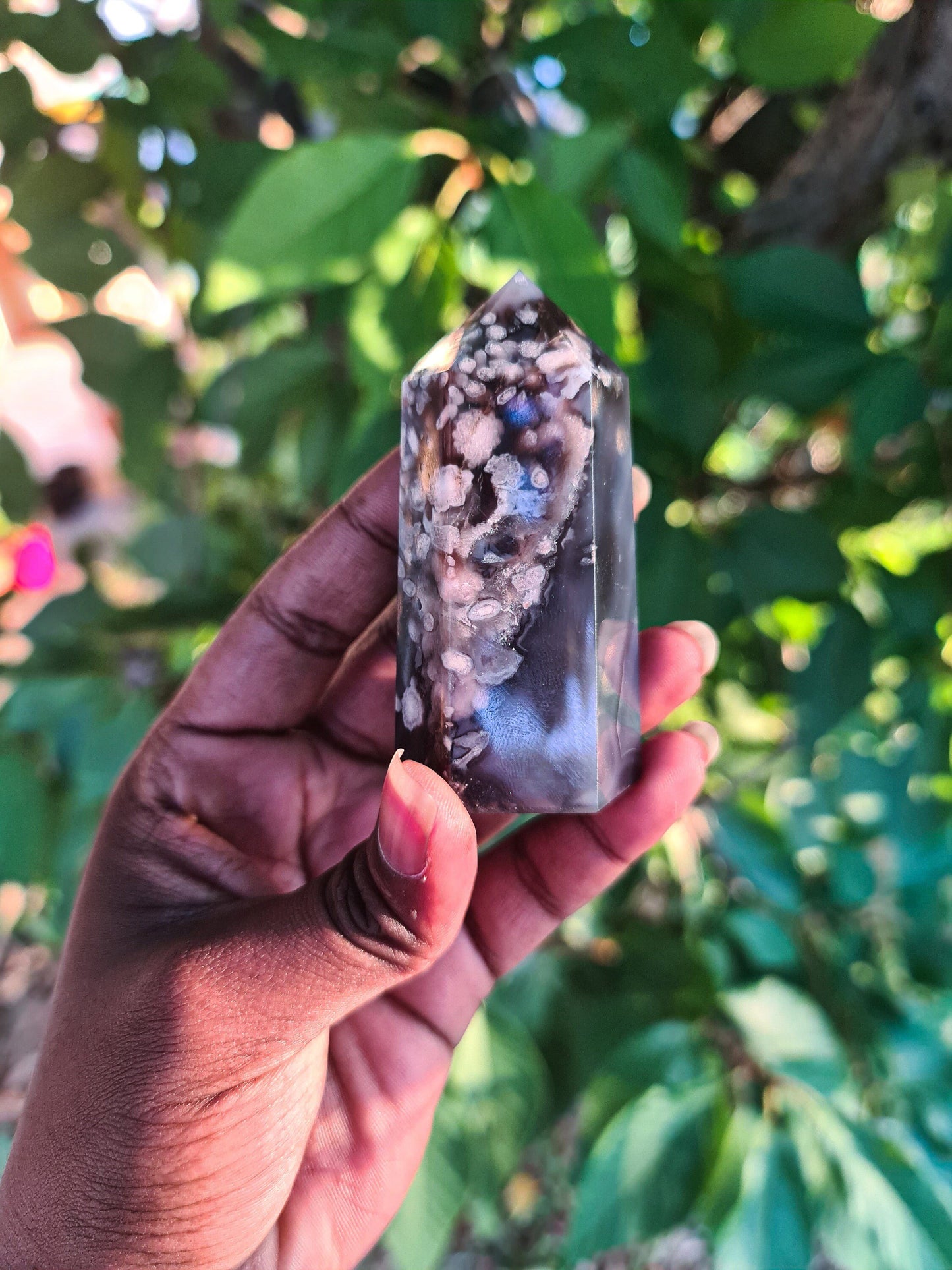 Rare Small Madagascar Black Flower Agate with red plumes/flowers
